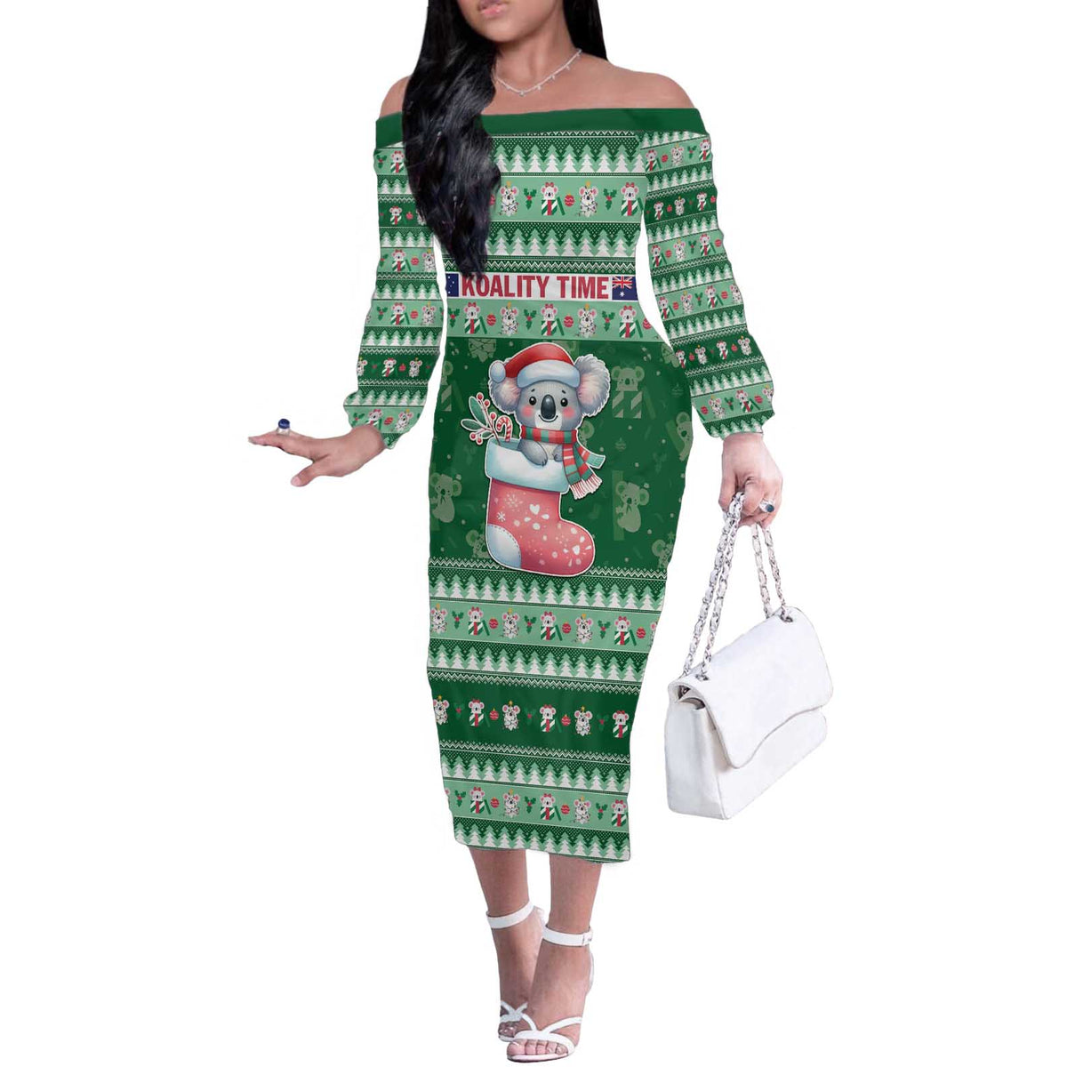 Aussie Koala Off The Shoulder Long Sleeve Dress Merry Christmas