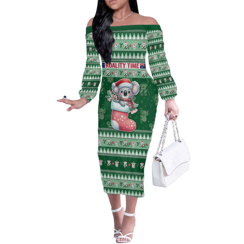 Aussie Koala Off The Shoulder Long Sleeve Dress Merry Christmas