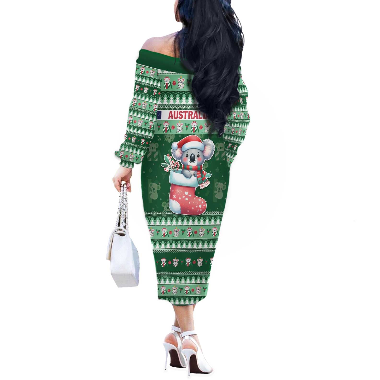 Aussie Koala Off The Shoulder Long Sleeve Dress Merry Christmas