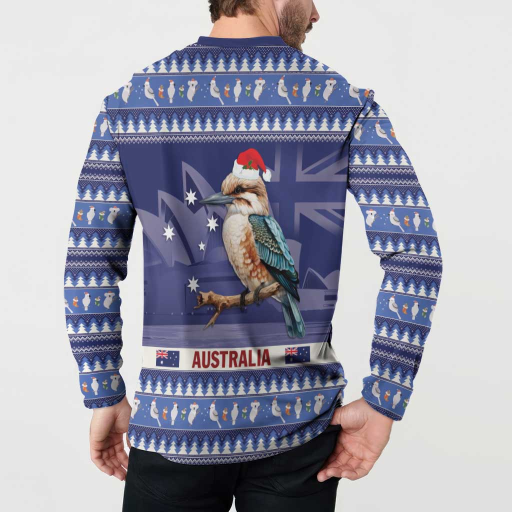 Aussie Kookaburra Button Sweatshirt Merry Christmas Blue Style