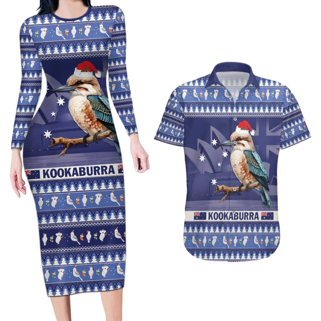 Aussie Kookaburra Couples Matching Long Sleeve Bodycon Dress and Hawaiian Shirt Merry Christmas Blue Style