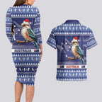 Aussie Kookaburra Couples Matching Long Sleeve Bodycon Dress and Hawaiian Shirt Merry Christmas Blue Style