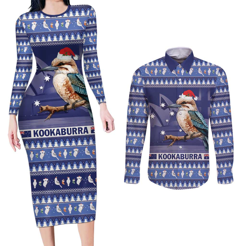 Aussie Kookaburra Couples Matching Long Sleeve Bodycon Dress and Long Sleeve Button Shirt Merry Christmas Blue Style