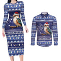 Aussie Kookaburra Couples Matching Long Sleeve Bodycon Dress and Long Sleeve Button Shirt Merry Christmas Blue Style