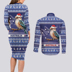 Aussie Kookaburra Couples Matching Long Sleeve Bodycon Dress and Long Sleeve Button Shirt Merry Christmas Blue Style
