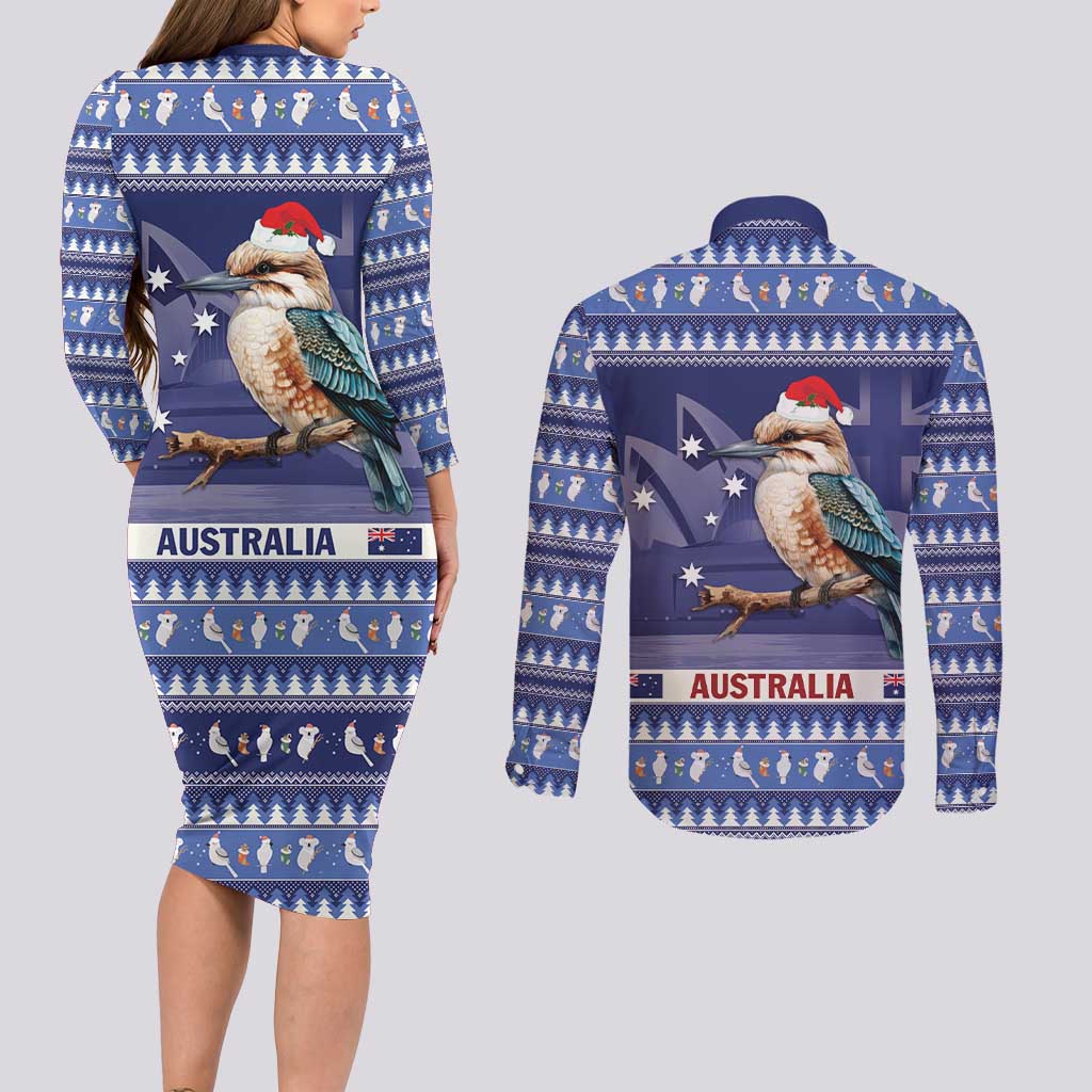 Aussie Kookaburra Couples Matching Long Sleeve Bodycon Dress and Long Sleeve Button Shirt Merry Christmas Blue Style