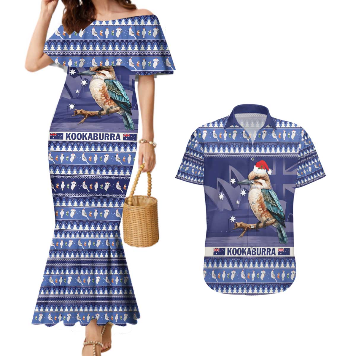 Aussie Kookaburra Couples Matching Mermaid Dress and Hawaiian Shirt Merry Christmas Blue Style