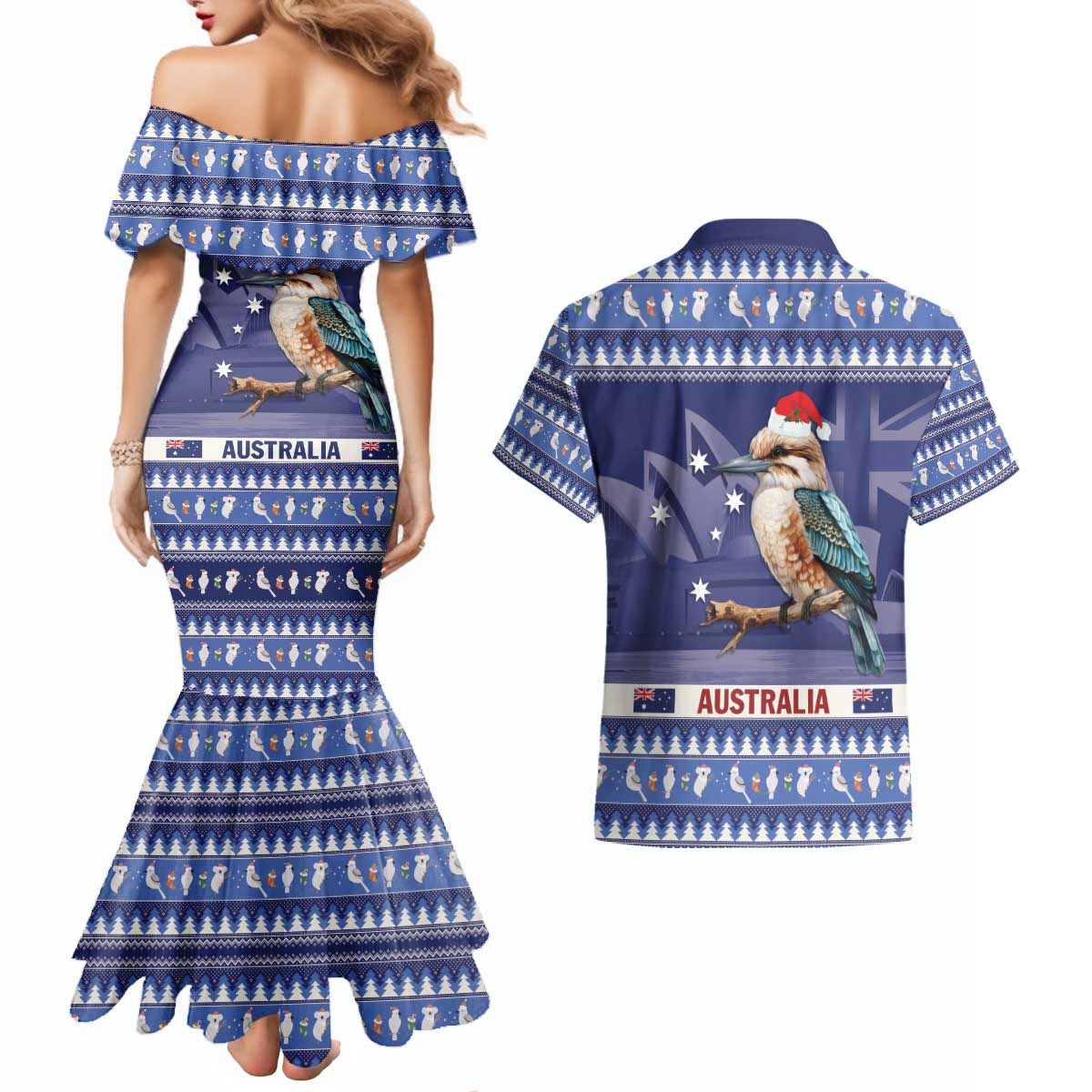 Aussie Kookaburra Couples Matching Mermaid Dress and Hawaiian Shirt Merry Christmas Blue Style
