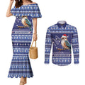Aussie Kookaburra Couples Matching Mermaid Dress and Long Sleeve Button Shirt Merry Christmas Blue Style