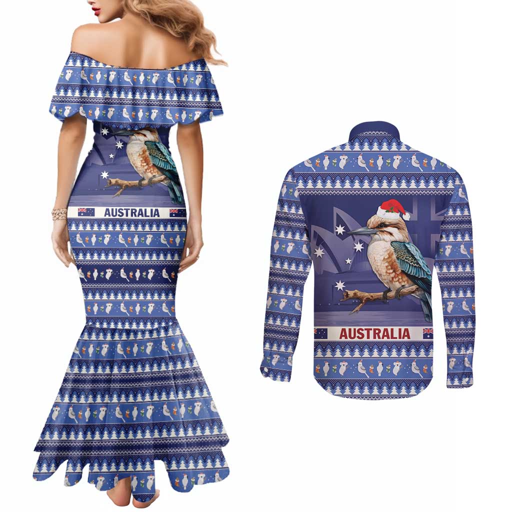 Aussie Kookaburra Couples Matching Mermaid Dress and Long Sleeve Button Shirt Merry Christmas Blue Style