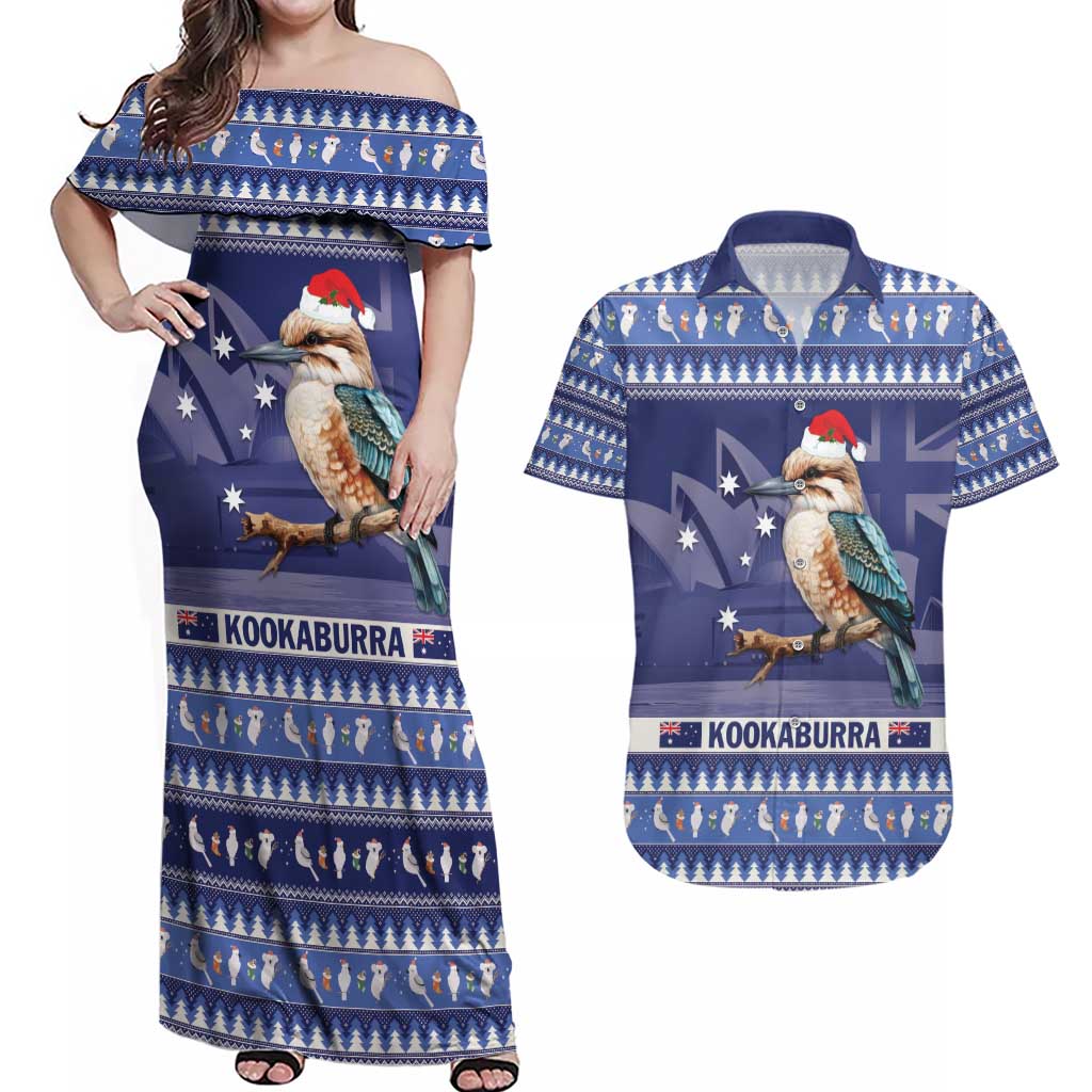 Aussie Kookaburra Couples Matching Off Shoulder Maxi Dress and Hawaiian Shirt Merry Christmas Blue Style
