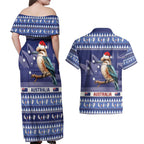 Aussie Kookaburra Couples Matching Off Shoulder Maxi Dress and Hawaiian Shirt Merry Christmas Blue Style