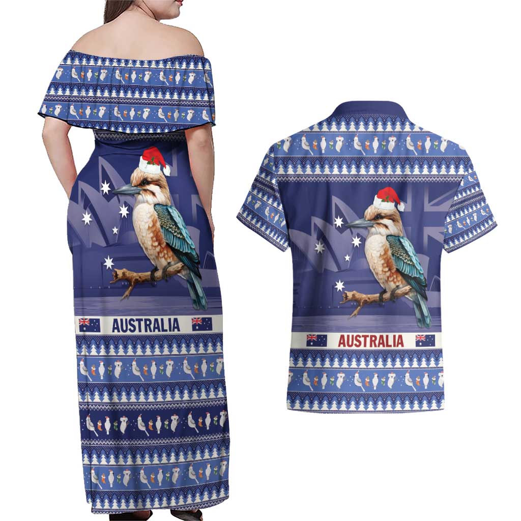 Aussie Kookaburra Couples Matching Off Shoulder Maxi Dress and Hawaiian Shirt Merry Christmas Blue Style