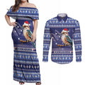 Aussie Kookaburra Couples Matching Off Shoulder Maxi Dress and Long Sleeve Button Shirt Merry Christmas Blue Style