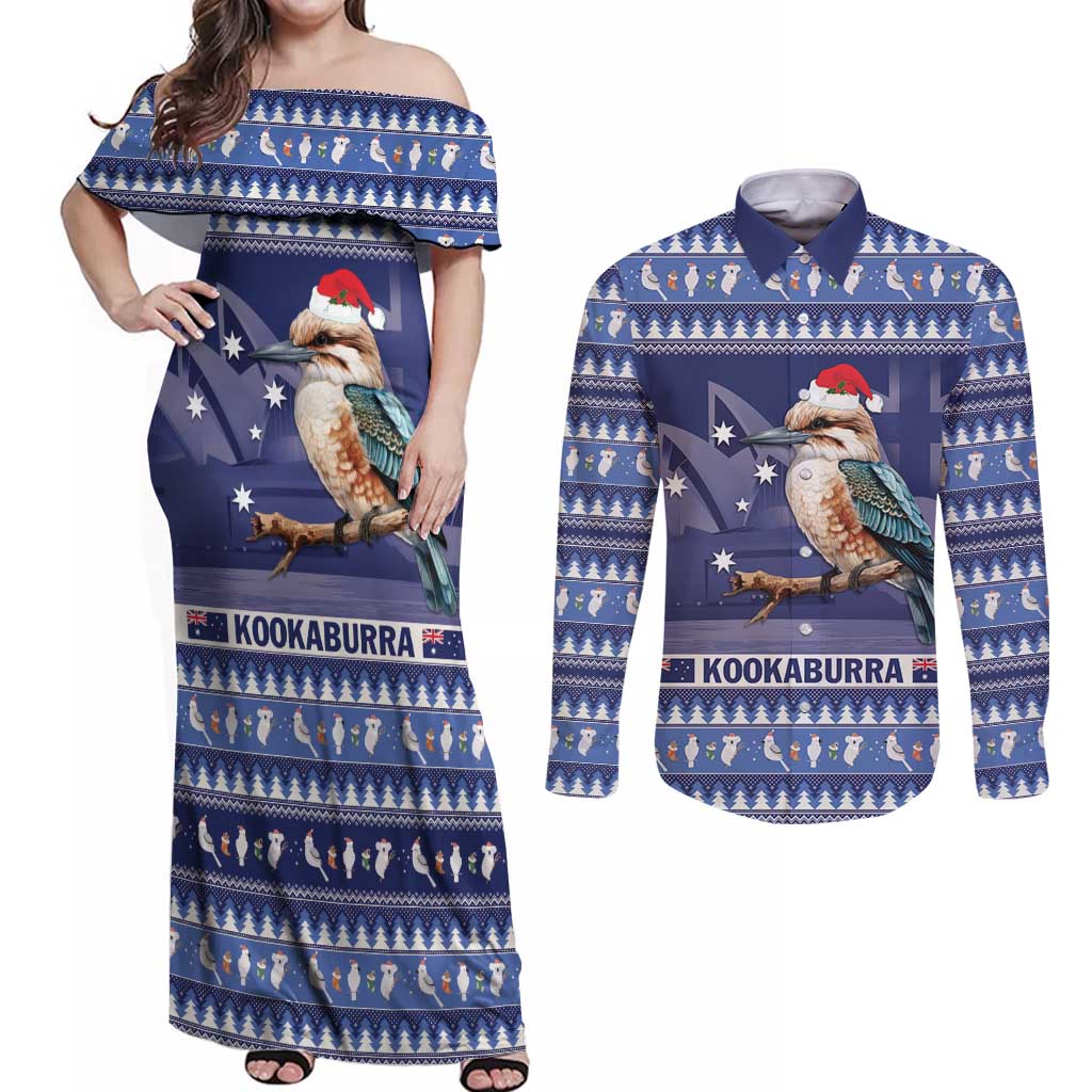Aussie Kookaburra Couples Matching Off Shoulder Maxi Dress and Long Sleeve Button Shirt Merry Christmas Blue Style