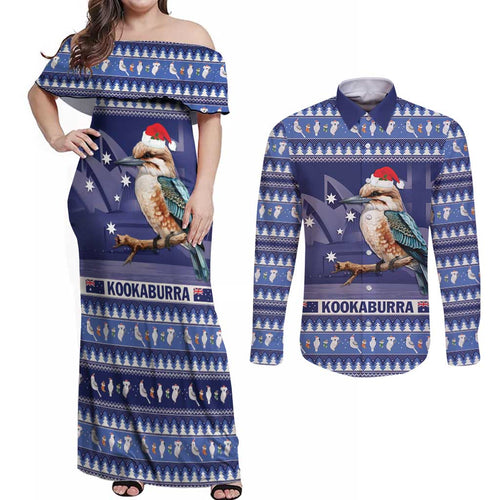 Aussie Kookaburra Couples Matching Off Shoulder Maxi Dress and Long Sleeve Button Shirt Merry Christmas Blue Style