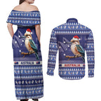 Aussie Kookaburra Couples Matching Off Shoulder Maxi Dress and Long Sleeve Button Shirt Merry Christmas Blue Style
