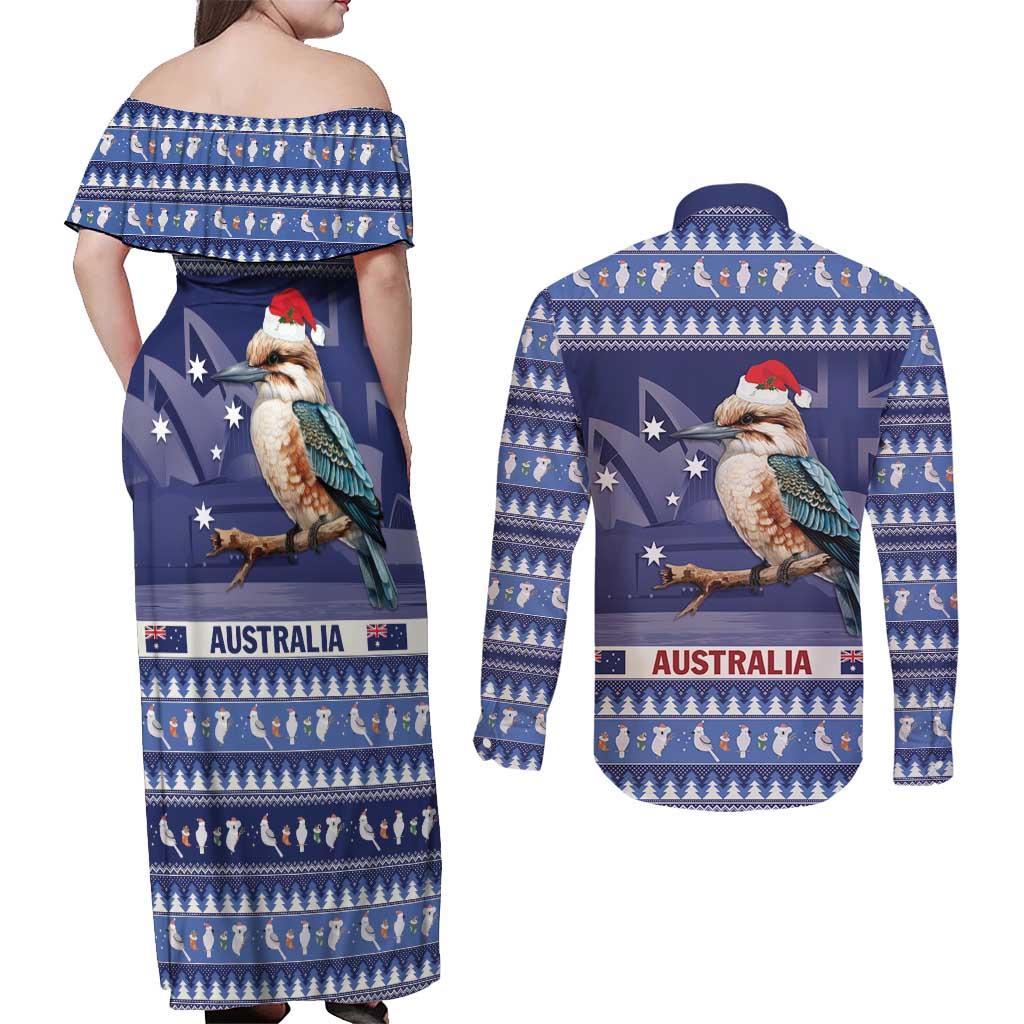 Aussie Kookaburra Couples Matching Off Shoulder Maxi Dress and Long Sleeve Button Shirt Merry Christmas Blue Style