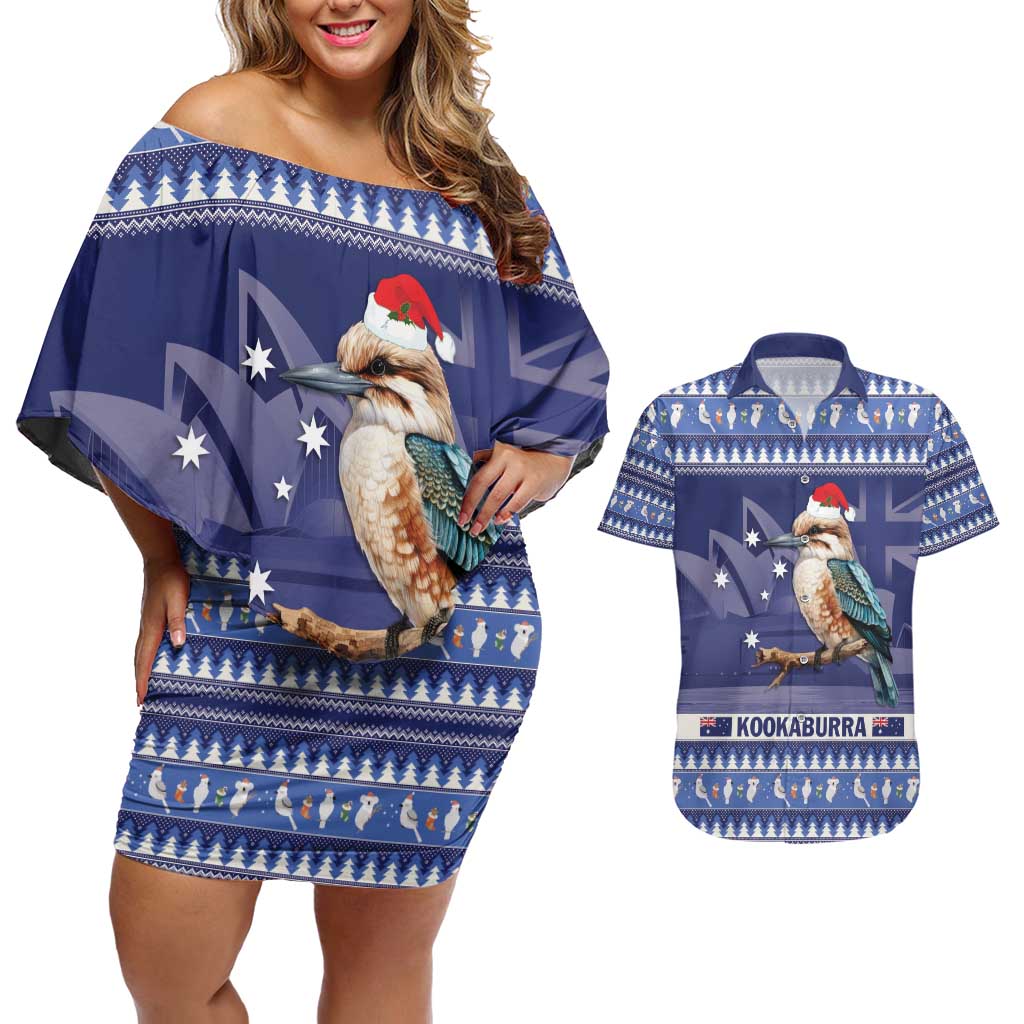 Aussie Kookaburra Couples Matching Off Shoulder Short Dress and Hawaiian Shirt Merry Christmas Blue Style