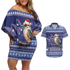 Aussie Kookaburra Couples Matching Off Shoulder Short Dress and Hawaiian Shirt Merry Christmas Blue Style