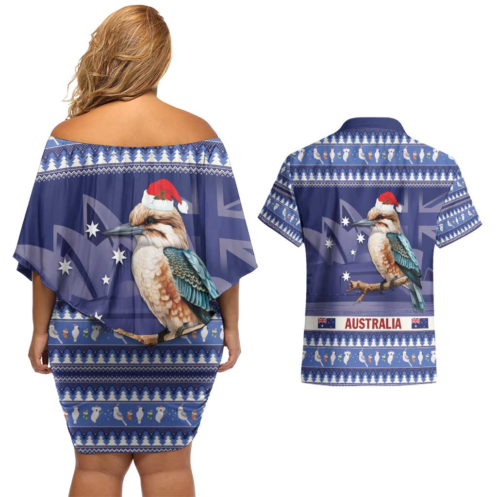 Aussie Kookaburra Couples Matching Off Shoulder Short Dress and Hawaiian Shirt Merry Christmas Blue Style
