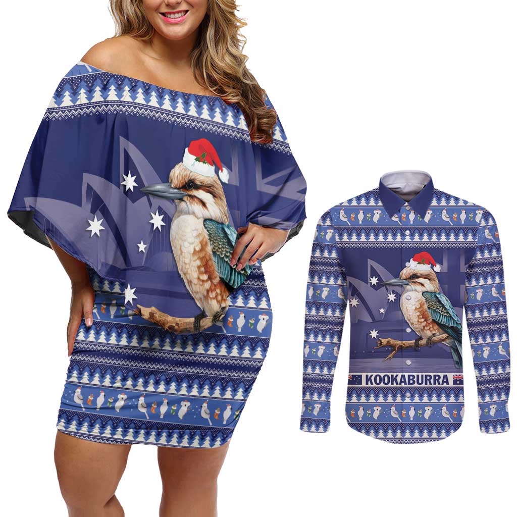 Aussie Kookaburra Couples Matching Off Shoulder Short Dress and Long Sleeve Button Shirt Merry Christmas Blue Style