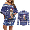 Aussie Kookaburra Couples Matching Off Shoulder Short Dress and Long Sleeve Button Shirt Merry Christmas Blue Style