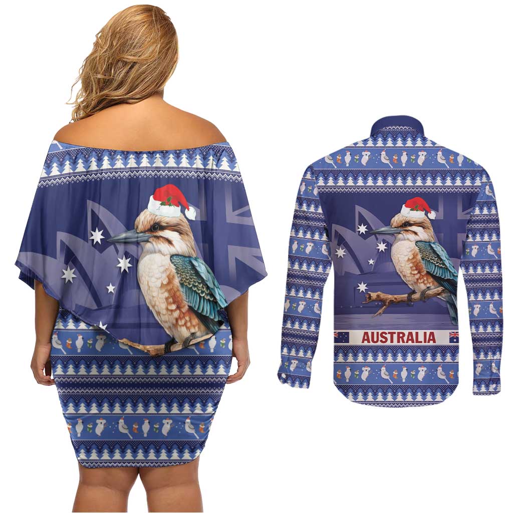 Aussie Kookaburra Couples Matching Off Shoulder Short Dress and Long Sleeve Button Shirt Merry Christmas Blue Style