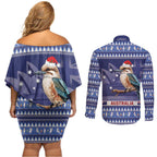 Aussie Kookaburra Couples Matching Off Shoulder Short Dress and Long Sleeve Button Shirt Merry Christmas Blue Style