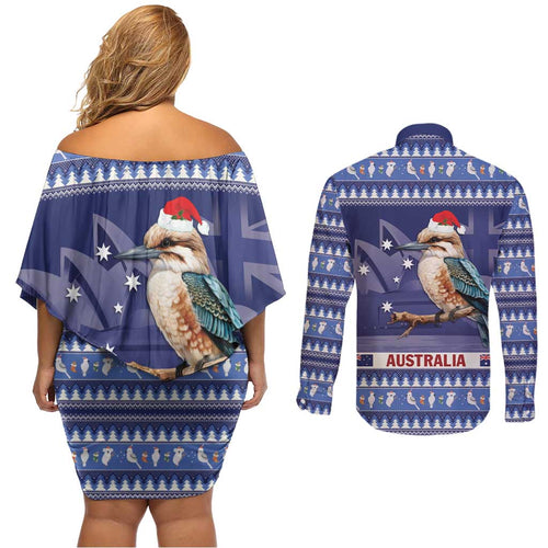 Aussie Kookaburra Couples Matching Off Shoulder Short Dress and Long Sleeve Button Shirt Merry Christmas Blue Style
