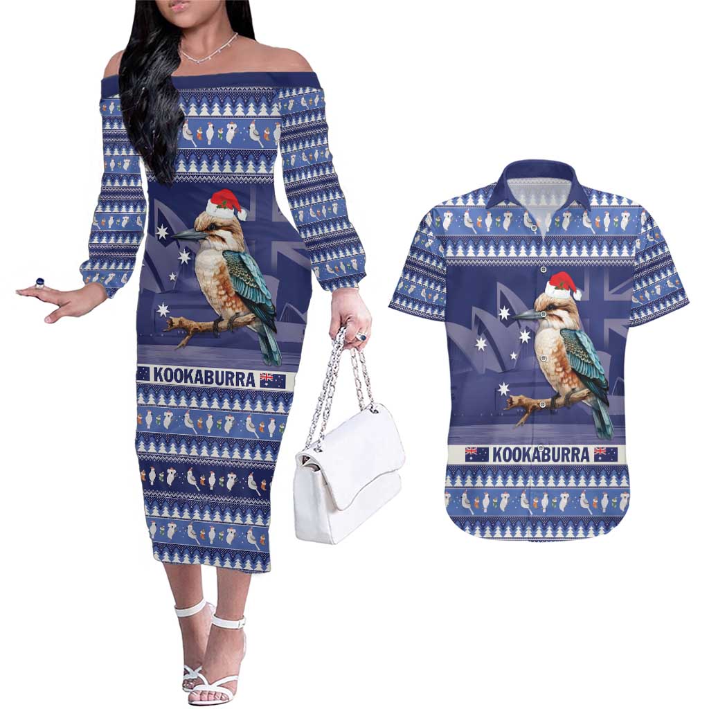 Aussie Kookaburra Couples Matching Off The Shoulder Long Sleeve Dress and Hawaiian Shirt Merry Christmas Blue Style