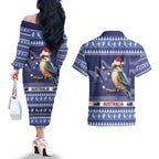 Aussie Kookaburra Couples Matching Off The Shoulder Long Sleeve Dress and Hawaiian Shirt Merry Christmas Blue Style