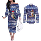 Aussie Kookaburra Couples Matching Off The Shoulder Long Sleeve Dress and Long Sleeve Button Shirt Merry Christmas Blue Style