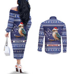 Aussie Kookaburra Couples Matching Off The Shoulder Long Sleeve Dress and Long Sleeve Button Shirt Merry Christmas Blue Style