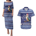 Aussie Kookaburra Couples Matching Puletasi and Hawaiian Shirt Merry Christmas Blue Style