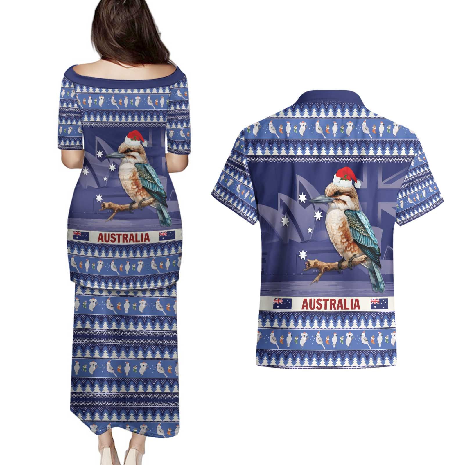 Aussie Kookaburra Couples Matching Puletasi and Hawaiian Shirt Merry Christmas Blue Style
