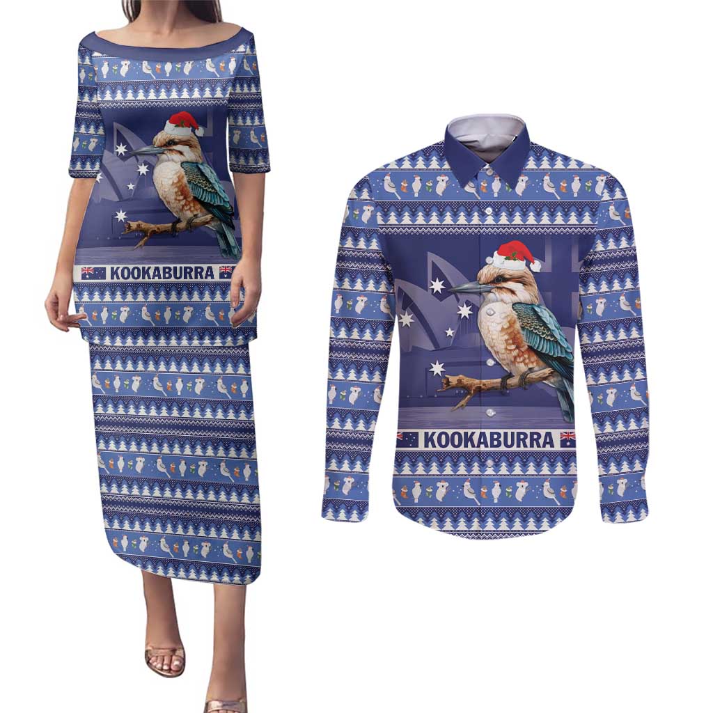 Aussie Kookaburra Couples Matching Puletasi and Long Sleeve Button Shirt Merry Christmas Blue Style