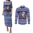 Aussie Kookaburra Couples Matching Puletasi and Long Sleeve Button Shirt Merry Christmas Blue Style