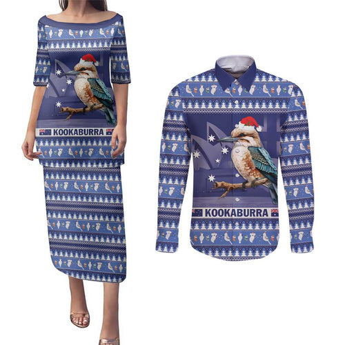 Aussie Kookaburra Couples Matching Puletasi and Long Sleeve Button Shirt Merry Christmas Blue Style