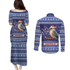 Aussie Kookaburra Couples Matching Puletasi and Long Sleeve Button Shirt Merry Christmas Blue Style