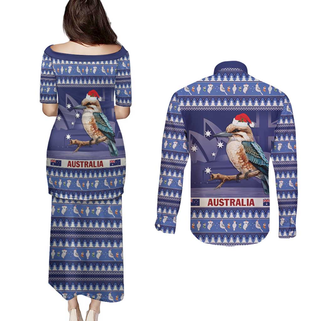 Aussie Kookaburra Couples Matching Puletasi and Long Sleeve Button Shirt Merry Christmas Blue Style