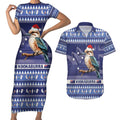 Aussie Kookaburra Couples Matching Short Sleeve Bodycon Dress and Hawaiian Shirt Merry Christmas Blue Style