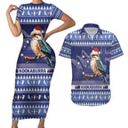 Aussie Kookaburra Couples Matching Short Sleeve Bodycon Dress and Hawaiian Shirt Merry Christmas Blue Style