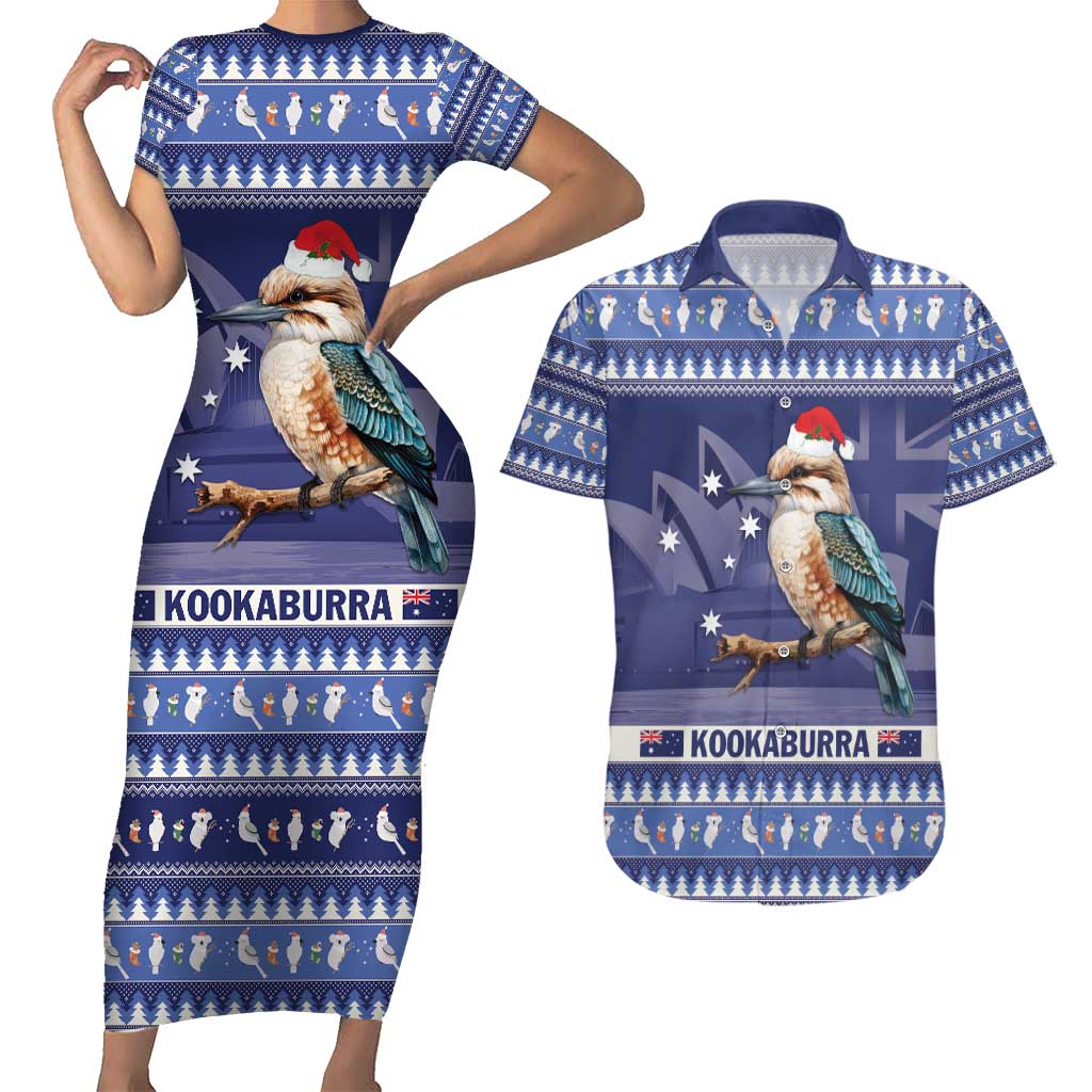 Aussie Kookaburra Couples Matching Short Sleeve Bodycon Dress and Hawaiian Shirt Merry Christmas Blue Style