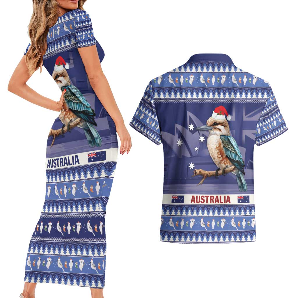 Aussie Kookaburra Couples Matching Short Sleeve Bodycon Dress and Hawaiian Shirt Merry Christmas Blue Style