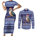 Aussie Kookaburra Couples Matching Short Sleeve Bodycon Dress and Long Sleeve Button Shirt Merry Christmas Blue Style
