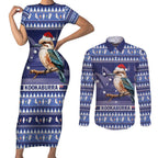 Aussie Kookaburra Couples Matching Short Sleeve Bodycon Dress and Long Sleeve Button Shirt Merry Christmas Blue Style
