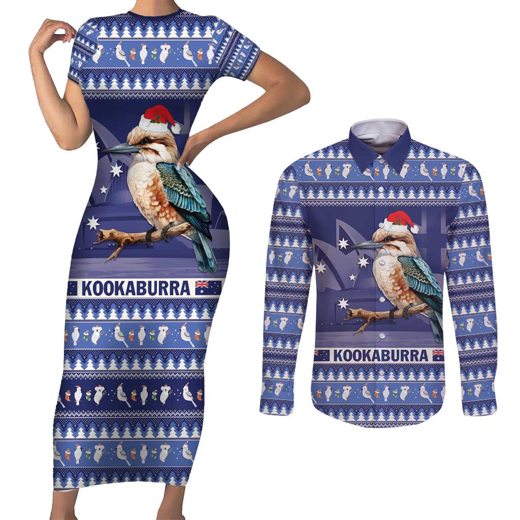 Aussie Kookaburra Couples Matching Short Sleeve Bodycon Dress and Long Sleeve Button Shirt Merry Christmas Blue Style