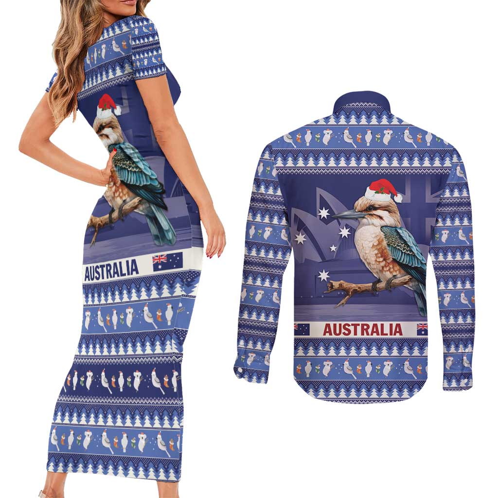 Aussie Kookaburra Couples Matching Short Sleeve Bodycon Dress and Long Sleeve Button Shirt Merry Christmas Blue Style
