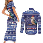 Aussie Kookaburra Couples Matching Short Sleeve Bodycon Dress and Long Sleeve Button Shirt Merry Christmas Blue Style